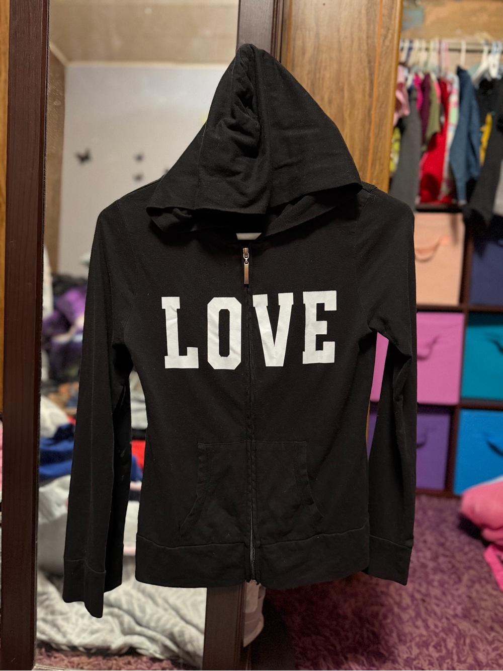 Zenana Outfitters black full zip “LOVE” Graphic Hoodie- Size 12 (L) tween